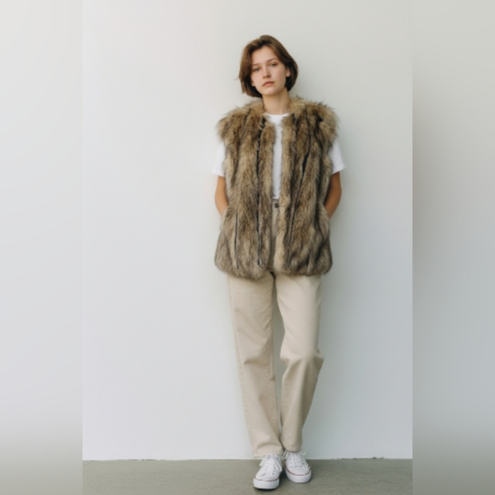 DESIGN LAB LORD & TAYLOR Women's Faux Fur Vest in Brown SIZE LARGE